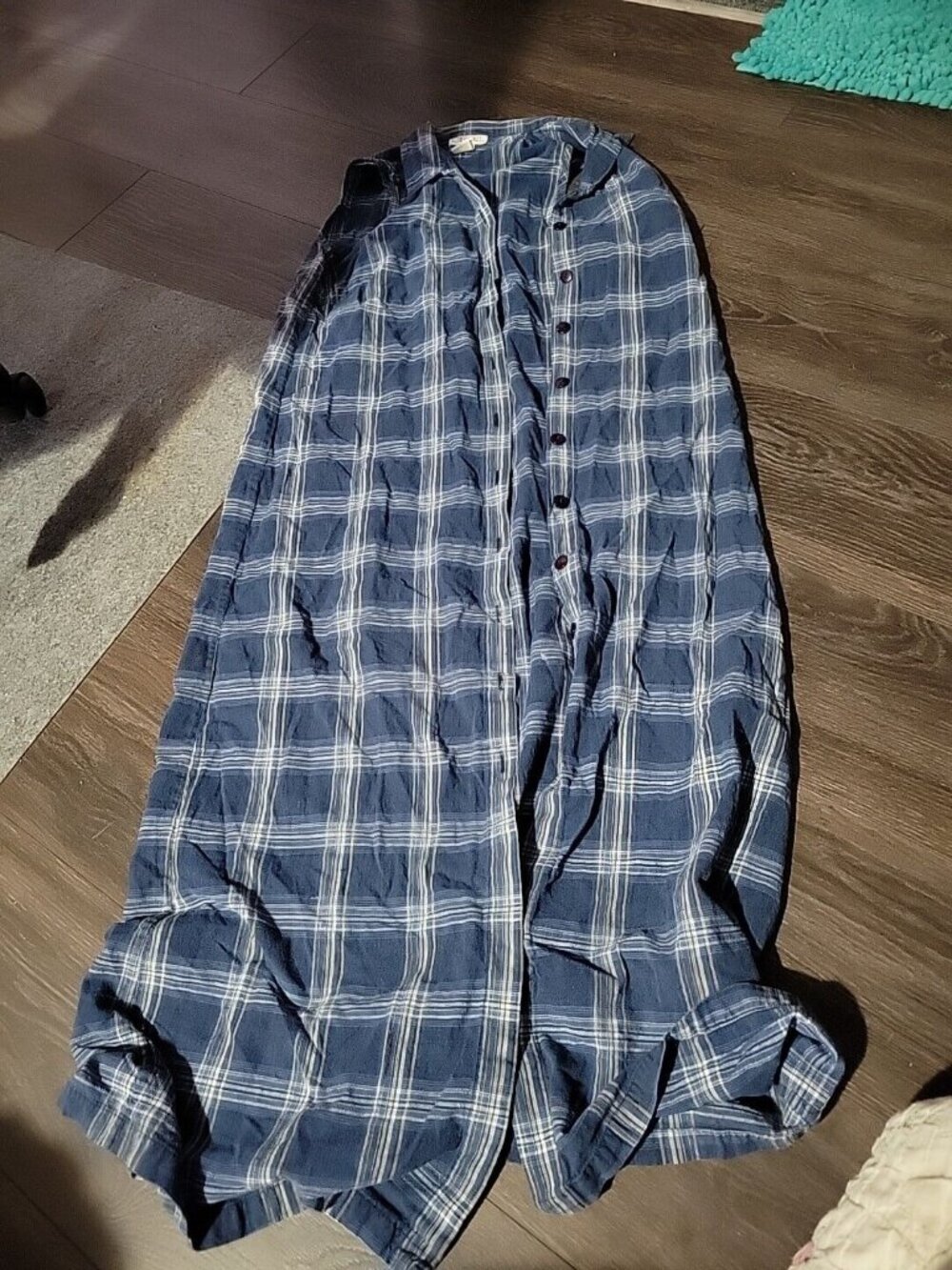 Cherokee XL Blue Yellow White Plaid Flannel Sleeveless Maxi Shirt Dress Duster
